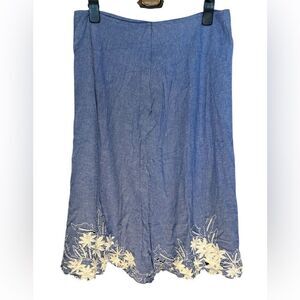 Vintage Y2k Notations Blue Linen Blend Embroidered Floral Cottagecore Midi Skirt